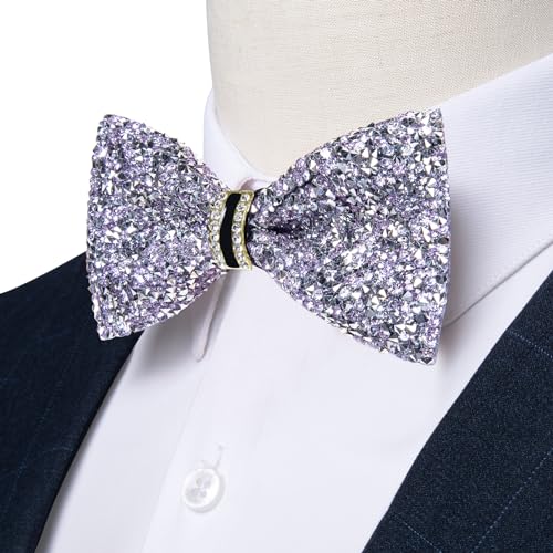 DiBanGu Mens Rhinestone Bow Tie with Ring and Lapel Pin Set | Adjustable Strap,Pre-tied Style,3PCS,Sequin Diamond Bowties，Solid/Mix Color,Shiny Accessory,for Party Prom Banquet Wedding - color: Light Purple