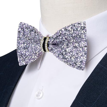 DiBanGu Mens Rhinestone Bow Tie with Ring and Lapel Pin Set | Adjustable Strap,Pre-tied Style,3PCS,Sequin Diamond Bowties，Solid/Mix Color,Shiny Accessory,for Party Prom Banquet Wedding - color: Light Purple