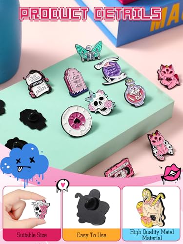 Yinkin 50 Pcs Spooky Enamel Pins Bulk Punk Goth Witchy Cute Skull Cat Butterfly Brooch Pink and Purple Decorative Lapel Pins for Backpack Clothes, Bags, Hats