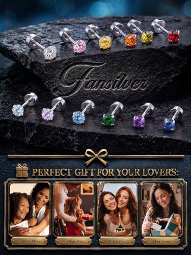 Fansilver 20G Hypoallergenic Flat Back Earrings for Women Men Silver 14K Gold Stainless Steel Stud Earrings Birthstone Cubic Zirconia Studs Surgical Steel Cartilage Earrings for Sensitive Ears - color: Silver Multi