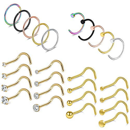 Ruifan 20G 18G Surgical Steel 1.5mm-3mm Flat Ball Clear Diamond CZ Nose Stud Rings Screw Piercing Jewelry 16-26PCS - color: 20G: 26PCS - Gold
