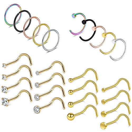 Ruifan 20G 18G Surgical Steel 1.5mm-3mm Flat Ball Clear Diamond CZ Nose Stud Rings Screw Piercing Jewelry 16-26PCS - color: 20G: 26PCS - Gold