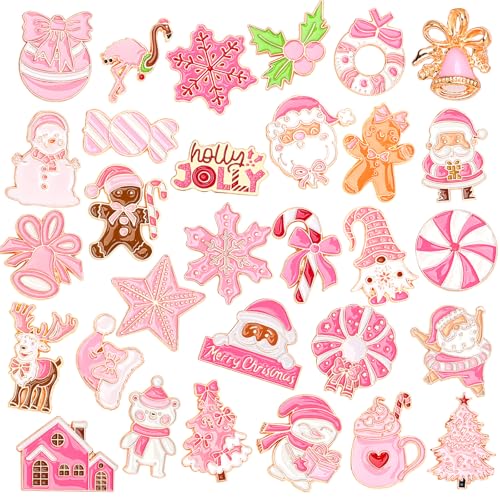 SANNIX 60Pcs Pink Christmas Pins, Christmas Lapel Pins for Party Favors, Xmas Brooch Pin Santa Claus Snowflake Badge for Holiday Gift Clothes Bags Hats Accessories, 30 Styles - style: Pink Christmas Pins