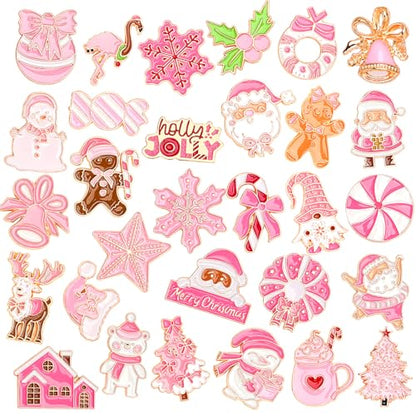 SANNIX 60Pcs Pink Christmas Pins, Christmas Lapel Pins for Party Favors, Xmas Brooch Pin Santa Claus Snowflake Badge for Holiday Gift Clothes Bags Hats Accessories, 30 Styles - style: Pink Christmas Pins
