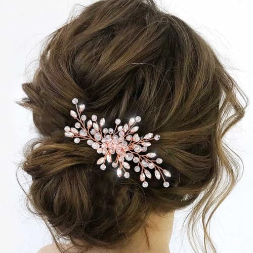 Rhinestone Hair Comb Wedding Hair Accessory for Women | Silver Bride Hair Clip Crystal Bridal Hair Piece Accessories - color: C-rose gold