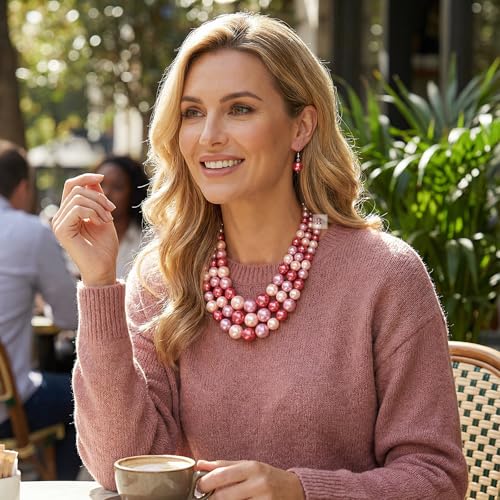 Simulated Pearl Necklace & Earring Set, Multi Strand - color: Pink Mix