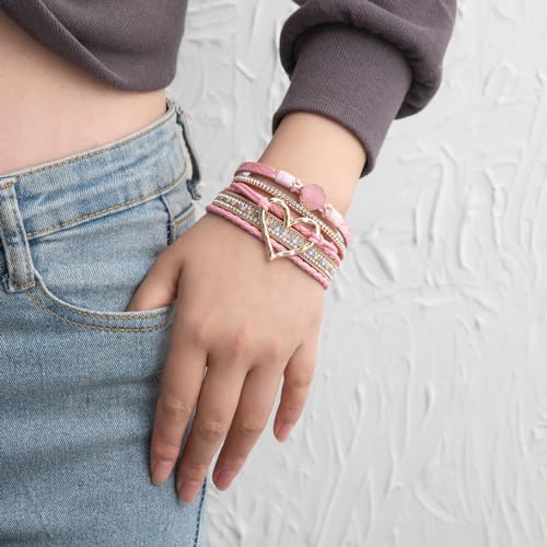 Rantanto Leather Wrap Bracelets For Women Gold Twist Lock Buckle Wrist Cuff | PU leather,Skin-friendly,Boho Stackable Wristband,Fashion Daily Jewelry,Trend Casual Party Bangle,Fit For Birthday, Holiday - color: Heart Pink