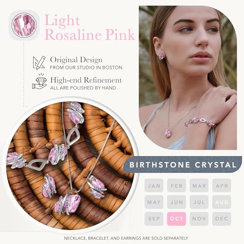 Leafael Wish Stone Pendant Necklace with Birthstone Crystal, 18K Rose Gold Plated/Silvertone, 18" + 2" - color: 210b-October-Light Rosaline Pink-Silvertone