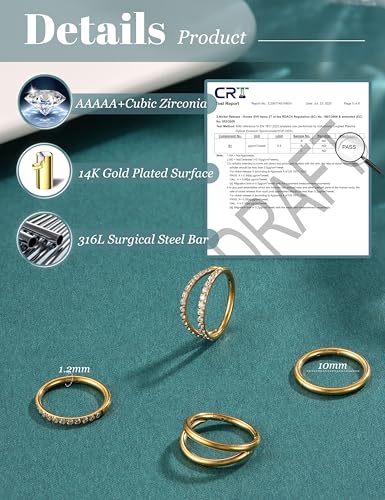 Dochais 4PCS 18G Nose Rings Hoops, Surgical Steel Earrings Tragus Septum Piercing CZ Clicker Ring, Hinged Segment Conch Lip Cartilage Double Hoops 8mm 10mm for Women Men - color: Gold, size: 16G(1.2mm),10mm