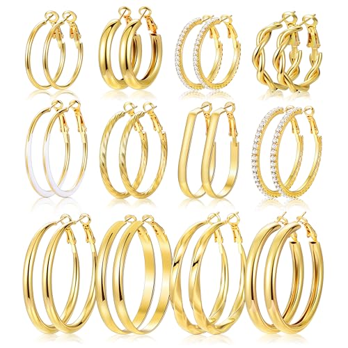 12 Pairs Gold Hoop Earrings Set for Women, Lightweight Big/Large Hoop Earrings Multipack, Hypoallergenic Gold Hoops Earrings Pack for Jewelry Gift 30mm/40mm/50mm - color: gold