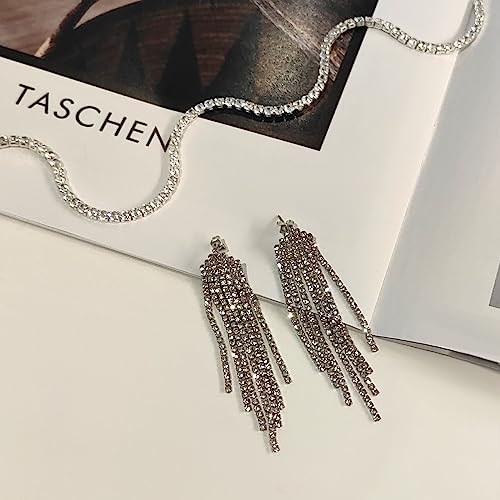 HAXIYA Tennis Necklace Bracelet for Women, Sterling Sliver Jewelry Set, Silver/Gold Chocker Necklace, Crystal Bracelet for Women, Wedding Jewelry for Bride, Sparkly Party Prom Hypoallergenic - color: Tassle Set of 2 - Silver
