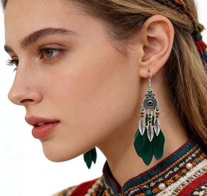 Boho Western Earrings for Women Western Feather Earrings Vintage Concho Turquoise Teardrop Dangle Earrings Country Concert Jewelry Accessories - style: Green feather