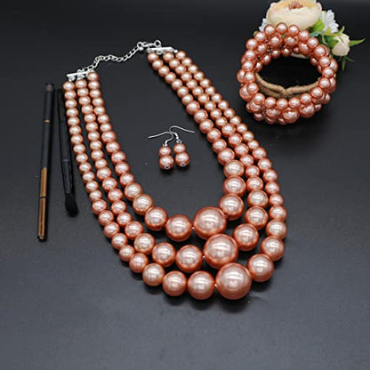 Big Chunky Pearl Necklace and Earrings Set Large Costume 1920s Faux Pearls Gatsby Accessories - color: A-Champagne pearl necklace set