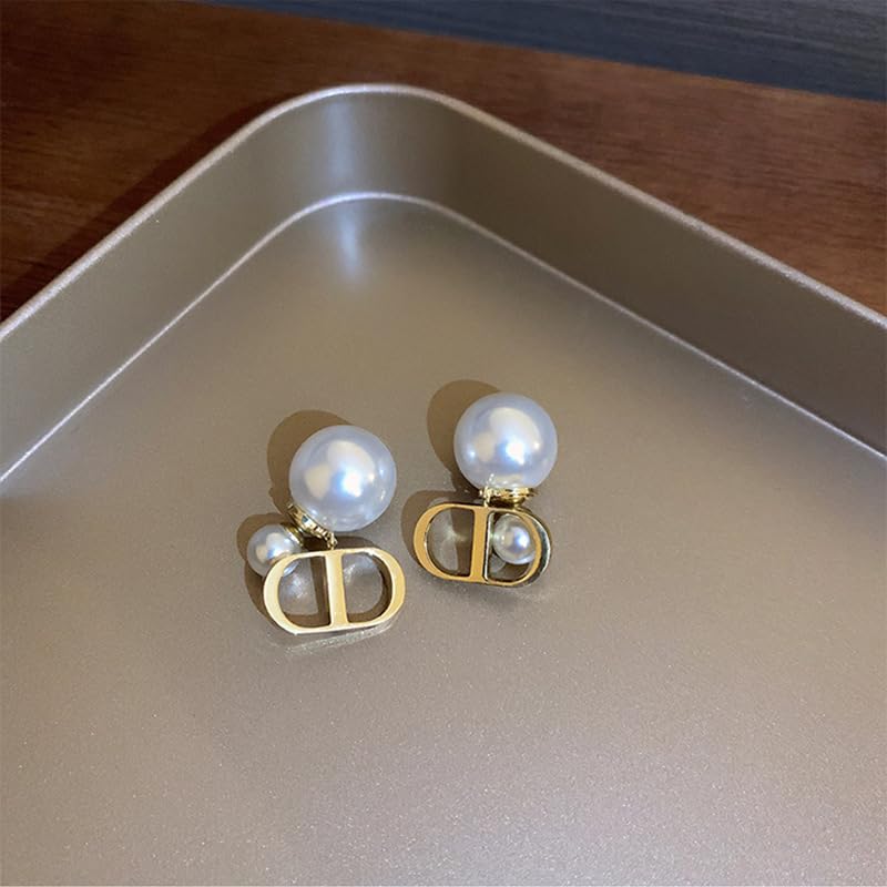 Pearl Stud Earrings, Gold Plated, Faux Pearl with Crystal Accents, Dangle Style, High Polish Finish, 2.5 Inch, 1 Pair
