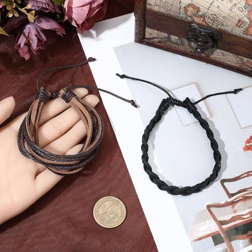 2 Styles Braided Genuine Leather Bracelets Brown Cowhide Layered Cuff Wrap Adjustable Rustic Leather Wrist Band Multilayer Rope Bracelet Wristband for Men Women Daily Wear Costume Party Gift - style: 2 styles 1