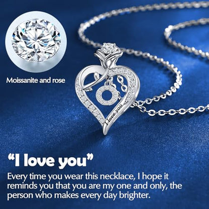 Rose Heart Pendant Necklace Gifts for Wife, Engraved 'I love you' Gift for Wife Girlfriend, Anniversary Birthday Eternity Jewelry Present for Women, Moissanite Necklace Gift for Her - style: O
