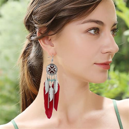 Dreuyet Boho Long Feather Drop Dangle Earrings for Women Retro Bohemian Ethnic Fringe Multicolor Tassel Feather Earring Handmade Statement Dream Catcher Earrings Jewelry - color: Red Round Heart
