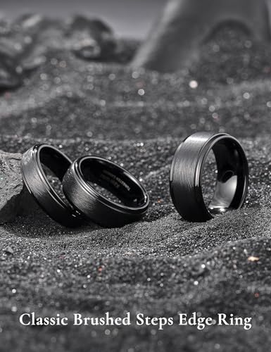 King Will Classic Tungsten Carbide Ring Brushed Two Grooved Center Hammered Design Mens Wedding Band for Men | Black/Silver/Gold, 8mm, Men's Wedding Band, Grooved, Comfort Fit, Everyday Wear - color: C-Black 8mm