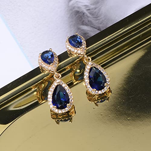 Pave Teardrop Earrings for Wedding Sterling Silver Double Pear Shaped CZ Cubic Zirconia Crystal Rhinestone Birthstone Dangle Earrings Bridal Jewelry for Bride Bridesmaids - color: Royal Blue Sapphire-Gold