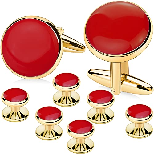 AMITER Men’s Cufflinks and Tuxedo Studs Set, Suitable for Black Suit White Shirts on Wedding, Anniversary, Birthday - color: Red+gold color
