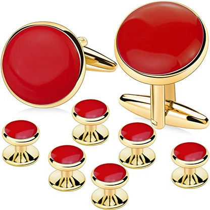 AMITER Men’s Cufflinks and Tuxedo Studs Set, Suitable for Black Suit White Shirts on Wedding, Anniversary, Birthday - color: Red+gold color