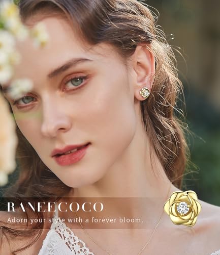 Gold Plated Sterling Silver Rose Flower Earring Studs, Hypoallergenic & Nickel Free Earrings for Women - color: Yellow Gold Plated Silver, size: 9.0 Millimeters