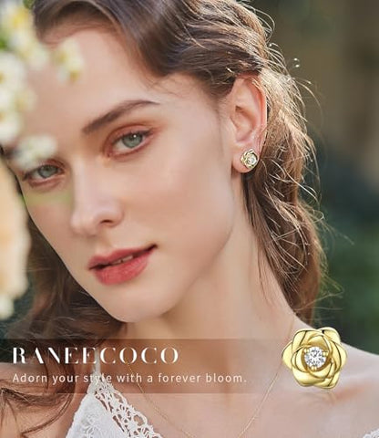 Gold Plated Sterling Silver Rose Flower Earring Studs, Hypoallergenic & Nickel Free Earrings for Women - color: Yellow Gold Plated Silver, size: 9.0 Millimeters
