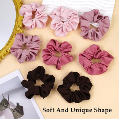 Satin Scrunchies for Women – 8PCS Blush & Brown Silk Hair Ties Set – No Crease, Frizz-Free, Gentle Elastic Hair Bands, Soft & Stylish Everyday Hair Accessories Gifts - color: Large-Blusher