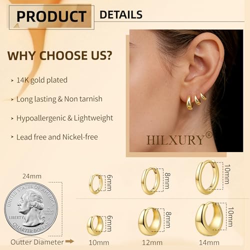 HILXURY 6 Pairs Small Gold Huggie Hoop Earrings for Women, 14K Gold Plated Cartilage Piercings Hoop Earrings Hypoallergenic, Trendy Lightweight Chunky Hoops Set for Women Gifts. - color: C- Gold