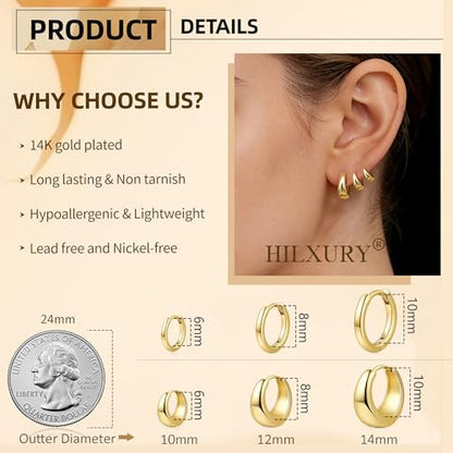 HILXURY 6 Pairs Small Gold Huggie Hoop Earrings for Women, 14K Gold Plated Cartilage Piercings Hoop Earrings Hypoallergenic, Trendy Lightweight Chunky Hoops Set for Women Gifts. - color: C- Gold