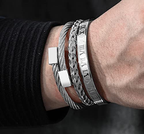 WFYOU 3PCS Stainless Steel Imperial Crown Bracelets for Men Gold Roman Numeral Bangle Bracelet Adjustable Cuff Bracelet Mens Luxury Jewelry Gifts - style: 09:Silver- Square