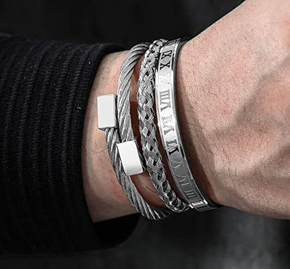 WFYOU 3PCS Stainless Steel Imperial Crown Bracelets for Men Gold Roman Numeral Bangle Bracelet Adjustable Cuff Bracelet Mens Luxury Jewelry Gifts - style: 09:Silver- Square