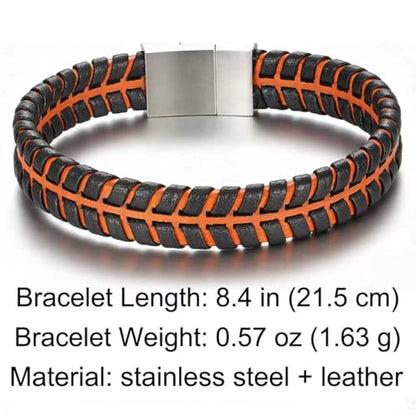 Men's Leather Bracelet, Stackable Stainless Steel Clasp Bracelets for Men Stylish Birthday, Thanksgiving, Valentine's Day Gift for My Man (8.4" Orange and Black) | Men's Accessory, Leather Band, Stainless Steel, Wrist Bracelet