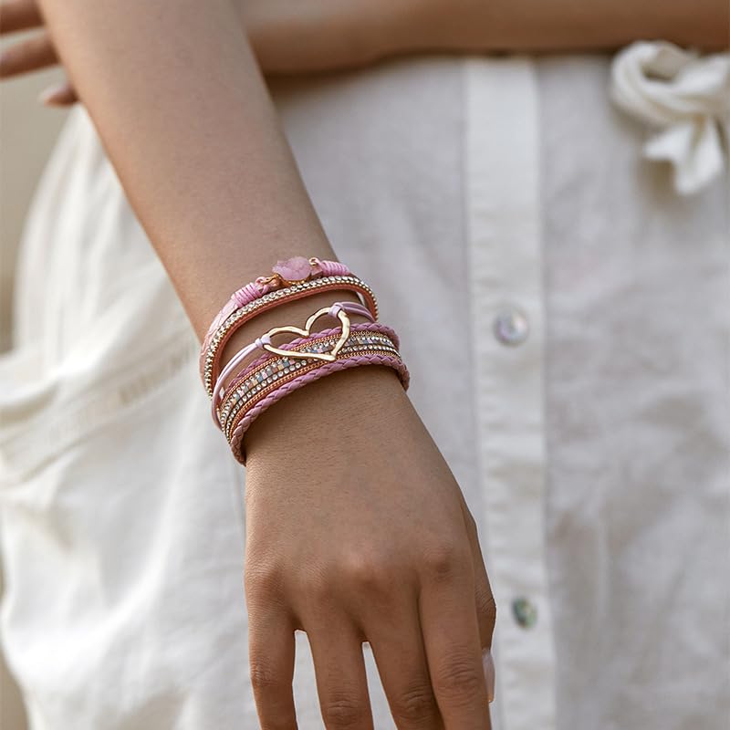 Multilayer Faux Leather Wrap Bracelet with Open Heart Charm Bohemian Stackable Crystal Clasp Bracelet for Women Birthday Gift - color: Pink