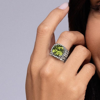 JEAN RACHEL JEWELRY 925 Sterling Silver Braid Leaf Cushion Ring | Ornate statement ring beautifully adorned with sculpted leaf motifs, twisted rope braids, and a CZ center stone. - color: Peridot CZ