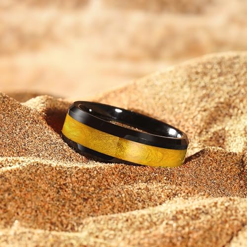 King Will Mens Galaxy Tungsten Wedding Band | 6mm/8mm, Beveled Edge, Comfort Fit, Durable, Sandstone Opal Inlay Polished, Everyday Wear - color: Black&Gold