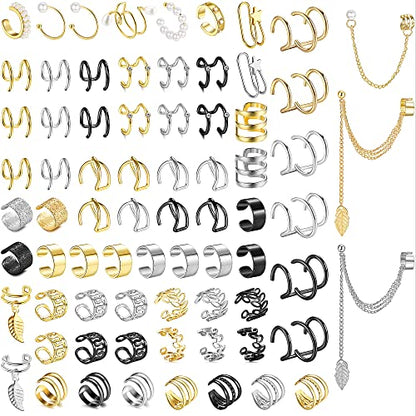 Dochais Ear Cuff Non Piercing for Women Cartilage Clip on Earrings | Gold and Silver Ear Cuffs Helix Cartilage, Fake Earrings, Wrap Earrings, Non Piercing Ear Clip Cartilage - style: B-73 Pcs(Gold/Silver/Black)