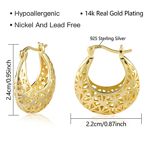 ALEXCRAFT Gold Filigree Hoop Earrings for Women 14K Gold Plated Medium Size Hypoallergenic Statement Earring | 14K Gold Plated Medium Size Hypoallergenic Earring