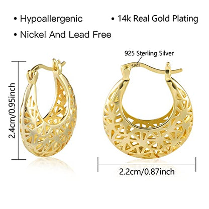 ALEXCRAFT Gold Filigree Hoop Earrings for Women 14K Gold Plated Medium Size Hypoallergenic Statement Earring | 14K Gold Plated Medium Size Hypoallergenic Earring