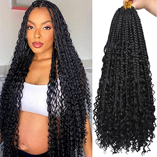 Unionbeauty 8 Packs Boho Box Braids 18 Inch Fluffy Bohemian Hippie Braids Distressed Goddess Box Braids Hair Curly Ends Pre-looped Crochet Hair Synthetic Braiding Hair Extension for Black Woman 1B# - color: 1B#, size: 18 Inch (Pack of 8)