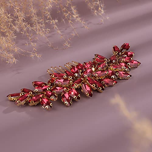 Teyglen Women Dainty Simple Full Rhinestones Hair Comb, Wine Red, 15 *6cm/5.9 *2.36 inches, Alloy+Rhinestones, 1 Count, for Women Bride Girls and Special Occasions - color: Wine Red