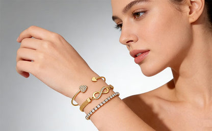 Alegend 14K Gold Plated Stackable Multilayer Bracelets + Titanium Steel(Not Rust, Resist Corruption, Easily Clean) 18K Gold Plated Single Bracelets - color: 14K Gold Heart & Infinity Symbol
