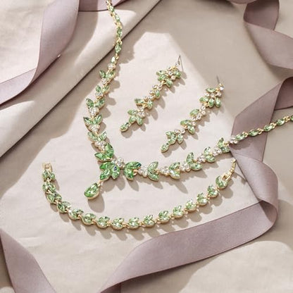 EVER FAITH Marquise Crystal Leaf Bridal Prom Jewelry Set for Women Bride | Rhinestone Wedding Party Necklace Dangle Earrings Tennis Bracelet, for Bridesmaid - color: Light Green Gold-Plated-Base