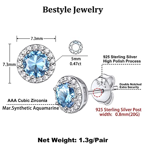 Bestyle Sparkling 925 Sterling Silver Birthstone Stud Earrings for Women, Heart/Round/Teardrop/Square Solitaire Diamond Studs Earrings, Great Birthday/Christmas Gifts - style: 03. Blue Aquamarine-Mar.-round