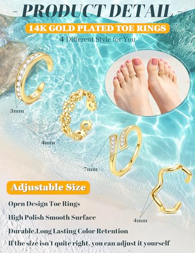 14K Gold Plated Toe Rings for Women Non Tarnish Adjustable Silver Gold Toe Ring Cubic Zirconia Daisy Flower Dainty Toe Rings Set Open Simple Band Ring Summer Beach Foot Jewelry - color: B-Gold
