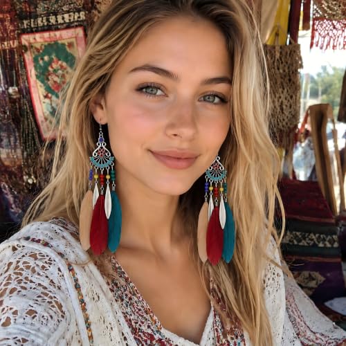 FRESHME Feather Earrings for Women - Native American Jewelry Boho Dangle Ethnic Indian Ear Drop for Music Festival Birthday - color: Dark Coloful