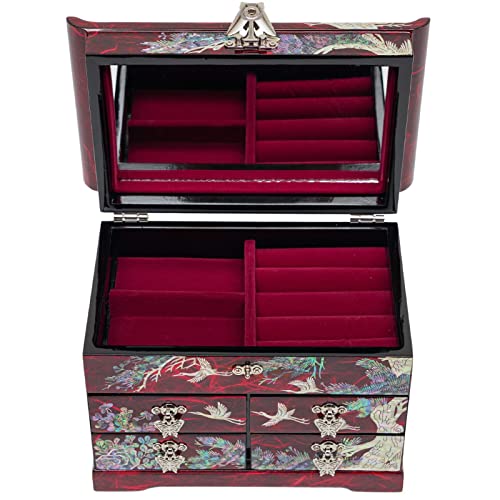 February Mountain Mother of Pearl Wooden Jewelry Organizer Box – Jewelry Storage Box for Women, Features Spacious Drawers, Ideal for Rings, Bracelets, Watches, Chains, Accessories (Crane_Red) - style: Crane_Red