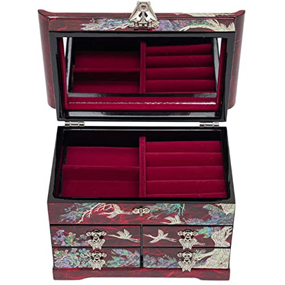 February Mountain Mother of Pearl Wooden Jewelry Organizer Box – Jewelry Storage Box for Women, Features Spacious Drawers, Ideal for Rings, Bracelets, Watches, Chains, Accessories (Crane_Red) - style: Crane_Red