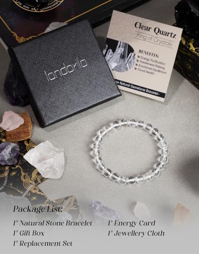 Natural Stone Beaded Bracelets for Men Women, 4mm 6mm 8mm | Healing Crystal, Protection Gemstone, Gift Packaging with Energy Card, Stretch Jewelry, Replacement Beads Included, 18 Stone - color: Clear Quartz(King of Crystals), size: 8mm
