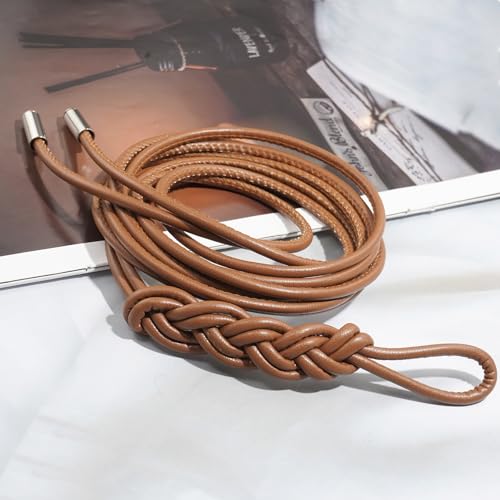 Women's Knotted Thin Waist Belt PU Leather Skinny Belts for Dresses Pants - color: Plaited Hair-brown